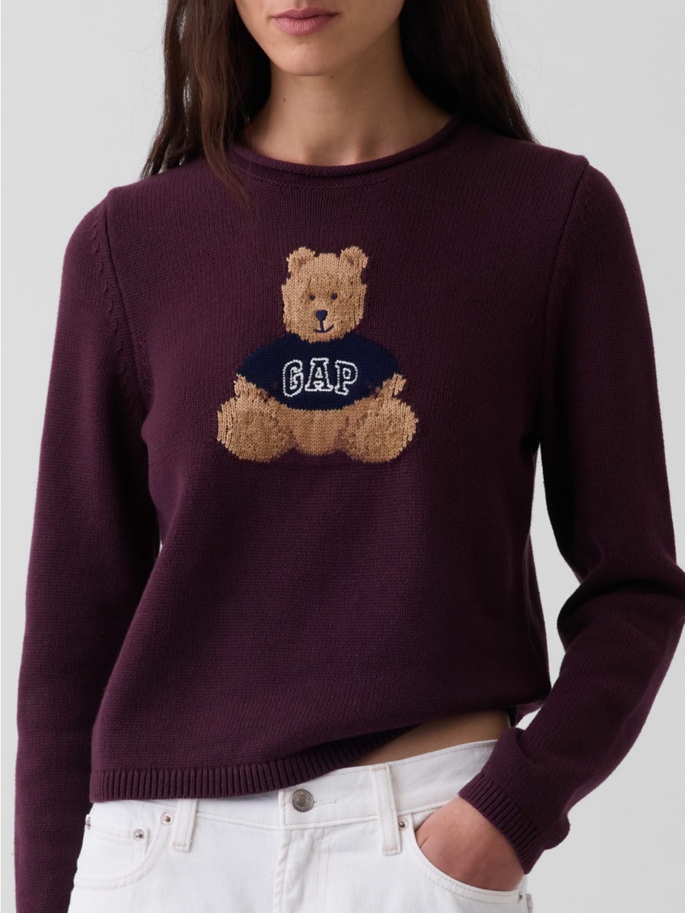 NWT GAP Rollneck Teddy Crewneck Sweater in Deep maroon with Tan Bear, SM